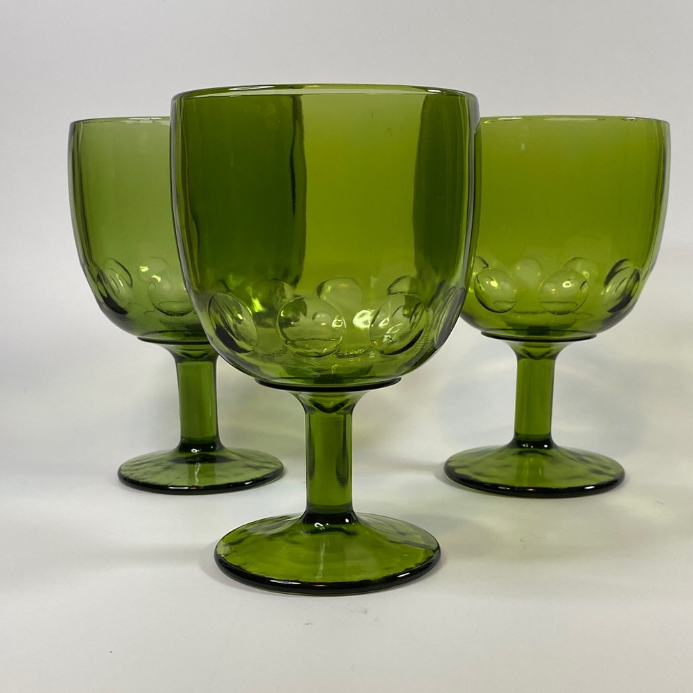 Set of Bartlett-Collin’s Goblets in Avocado Green Thumbprint Pattern